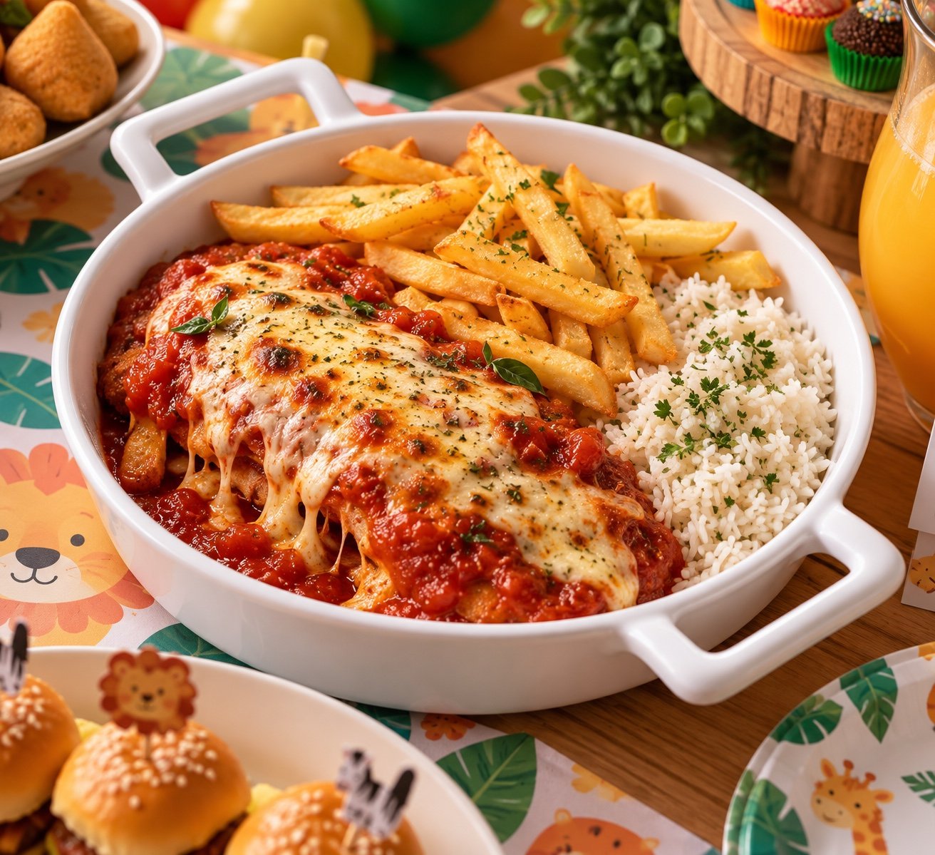Pratos Principais Buffet Infantil — Parmegiana artesanal com arroz e batata frita