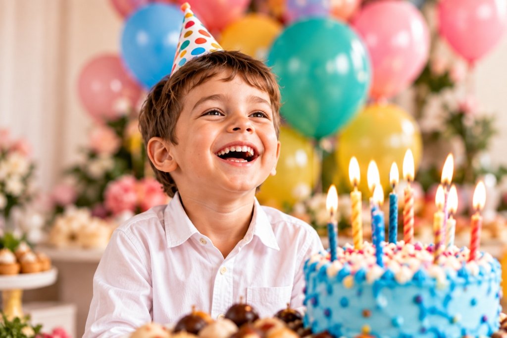 Buffet Infantil Cozinha Boêmia - Criança comemorando aniversário com bolo e balões